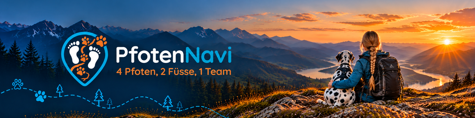 PfotenNavi - 4 Pfoten, 2 Füsse, 1 Team Panorama Banner mit Bergkulisse und Hund